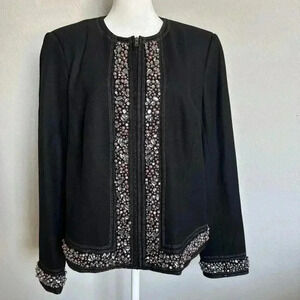 PETER NYGARD Beaded Jacket Size 16 Black With Purple Pearls And Grey White Stone